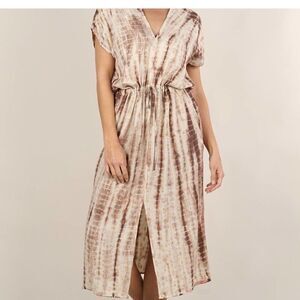 Lovestitch Tie Dye Metallic Midi Dress S Brown Beige Boho V-Neck Coastal Beach